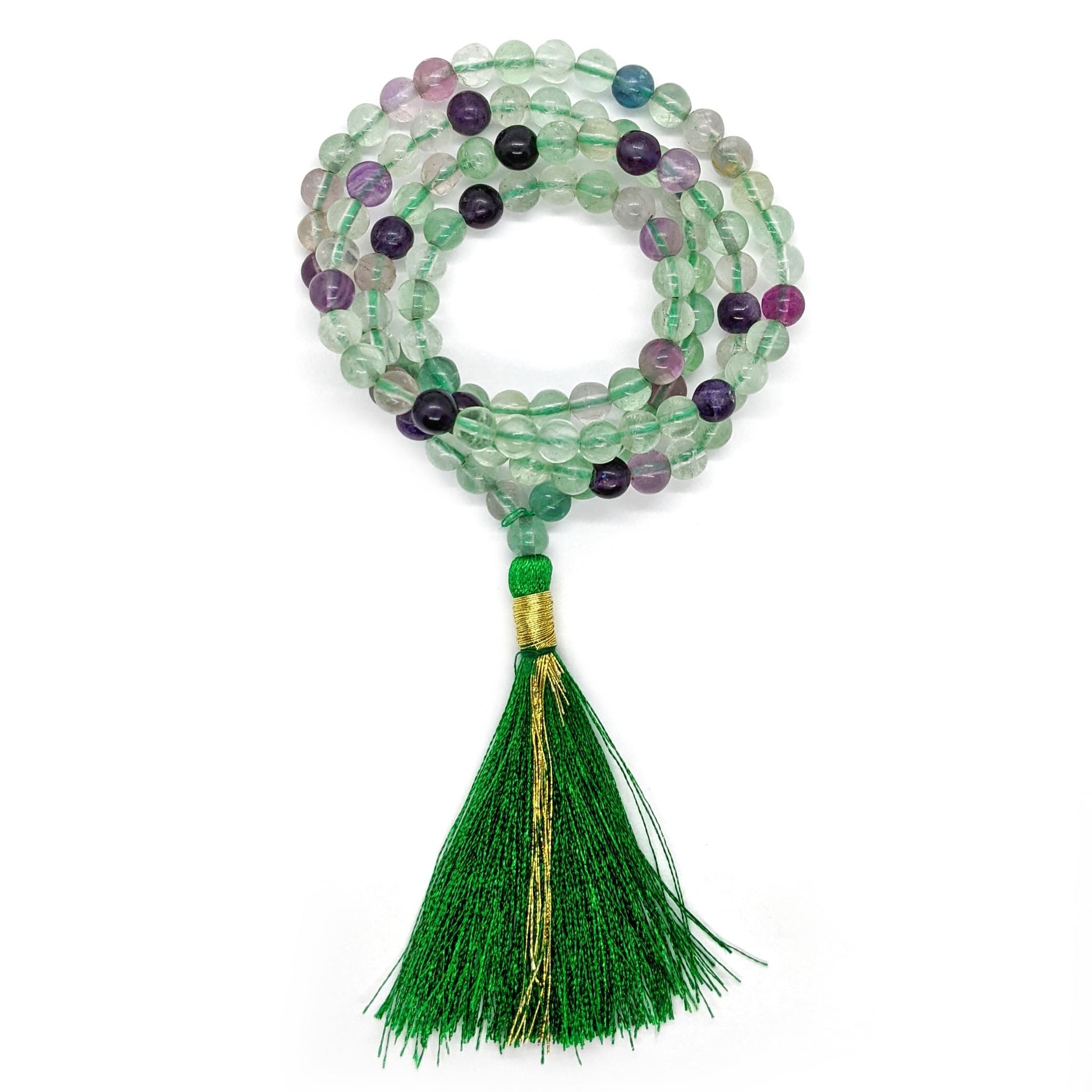 Collier mala en fluorite, pierre naturelle inspiration tibétaine